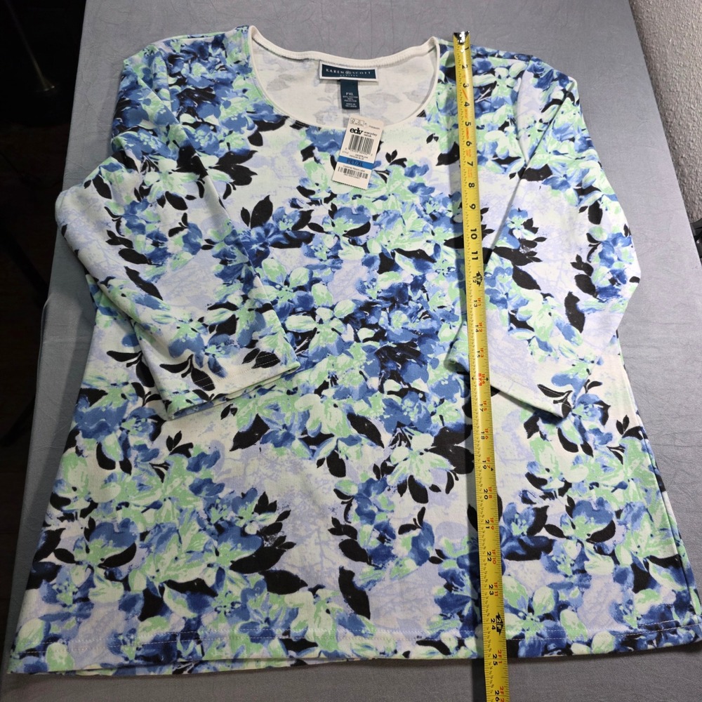 Karen Scott Petites Floral Scoop Neck 3/4 Sleeve Top Persian Blue PXL New - Picture 4 of 6